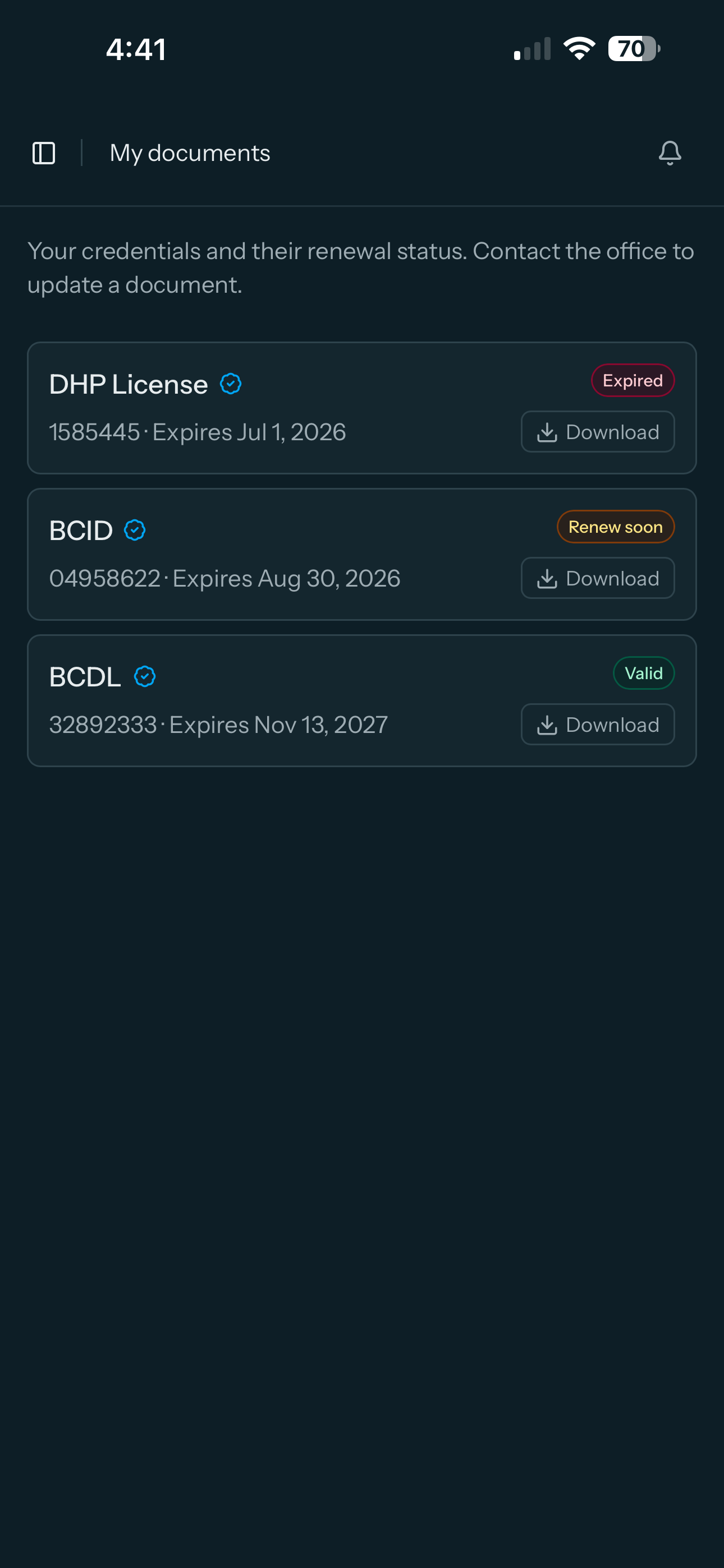 The My documents screen: each credential with a Valid, Renew soon, or Expired status