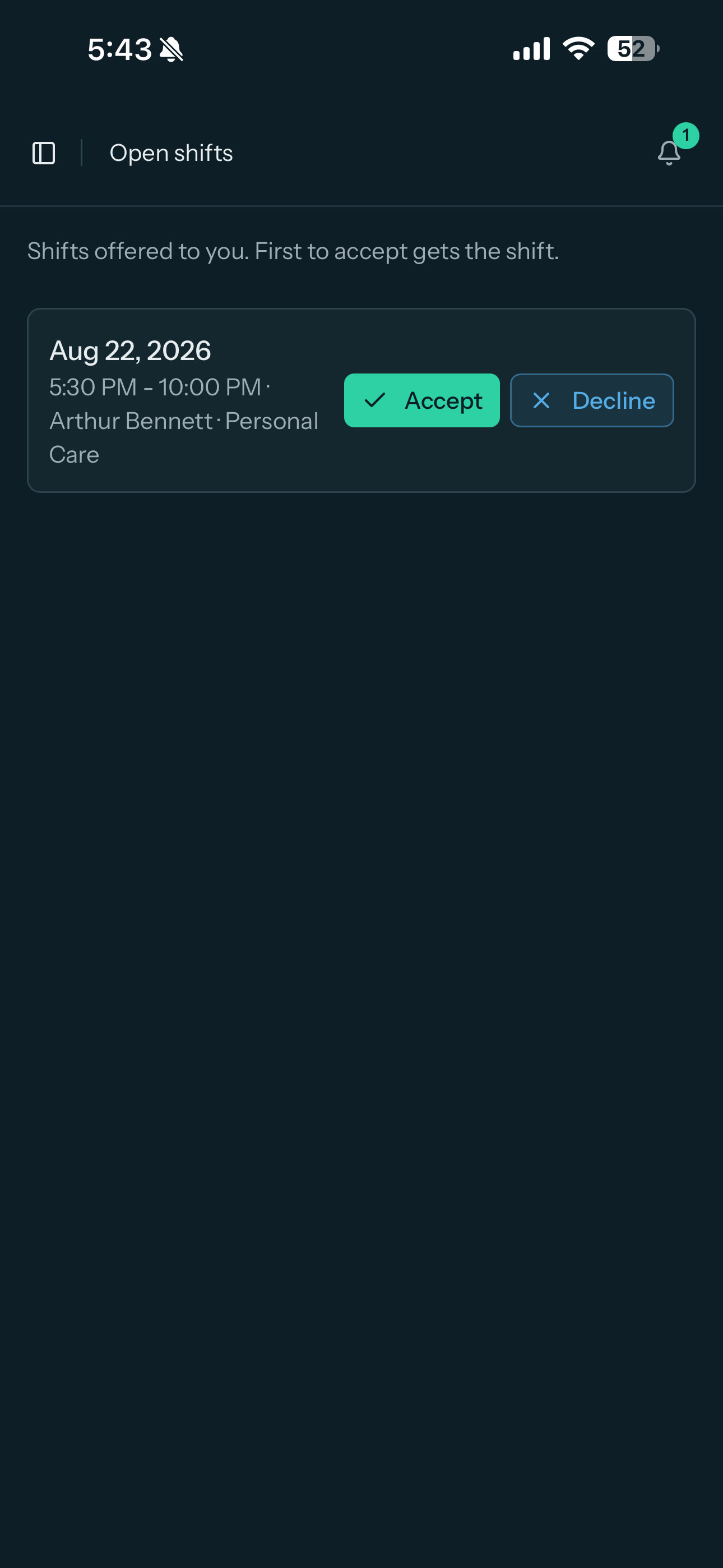 Open shift offers in the caregiver app, ready to accept