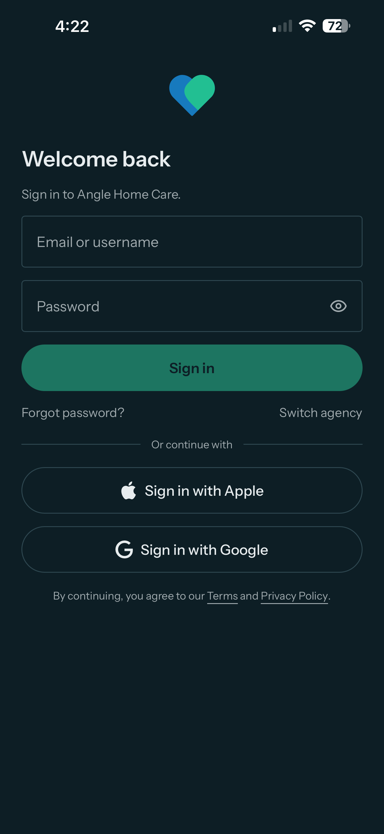 The Carelyst app sign-in screen with Continue with Google and Continue with Apple
