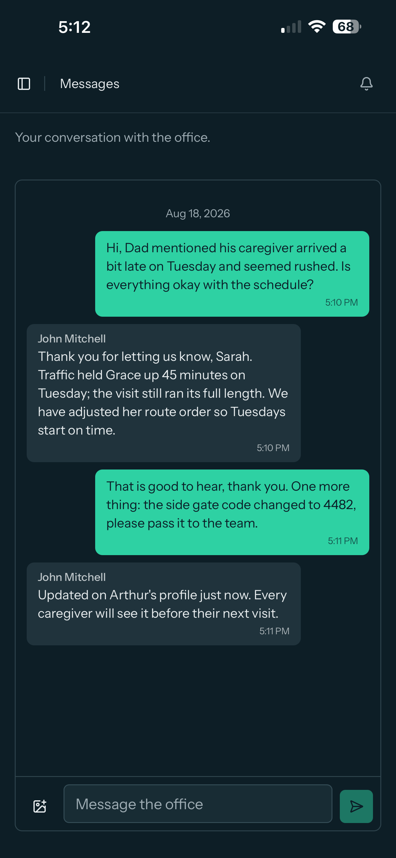 A family's conversation with the office: a concern answered with a concrete fix, and a gate code passed to the team