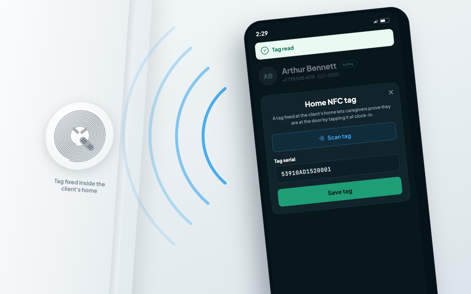 Registering a home tag: the office phone scans the sticker and the serial fills itself before saving
