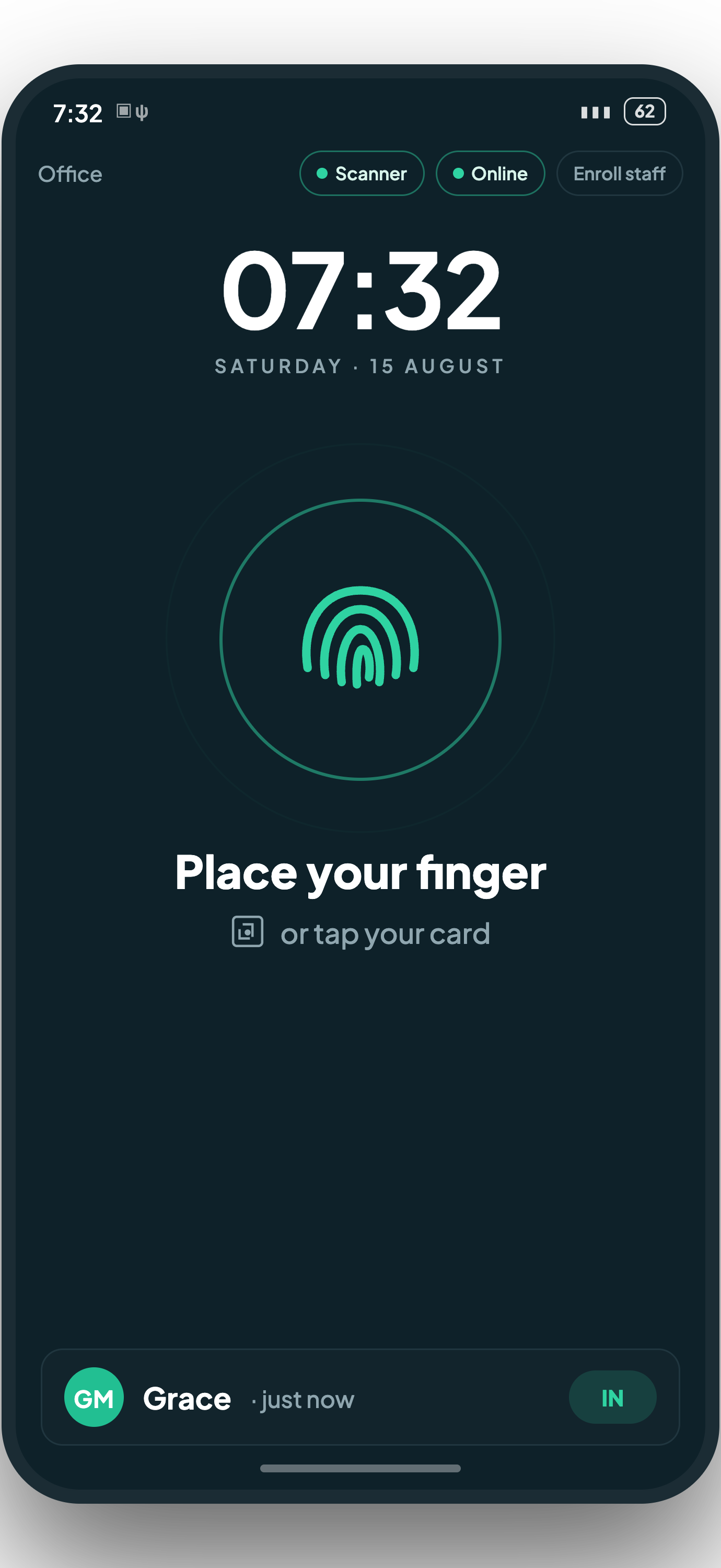 The kiosk waiting for a finger or a card