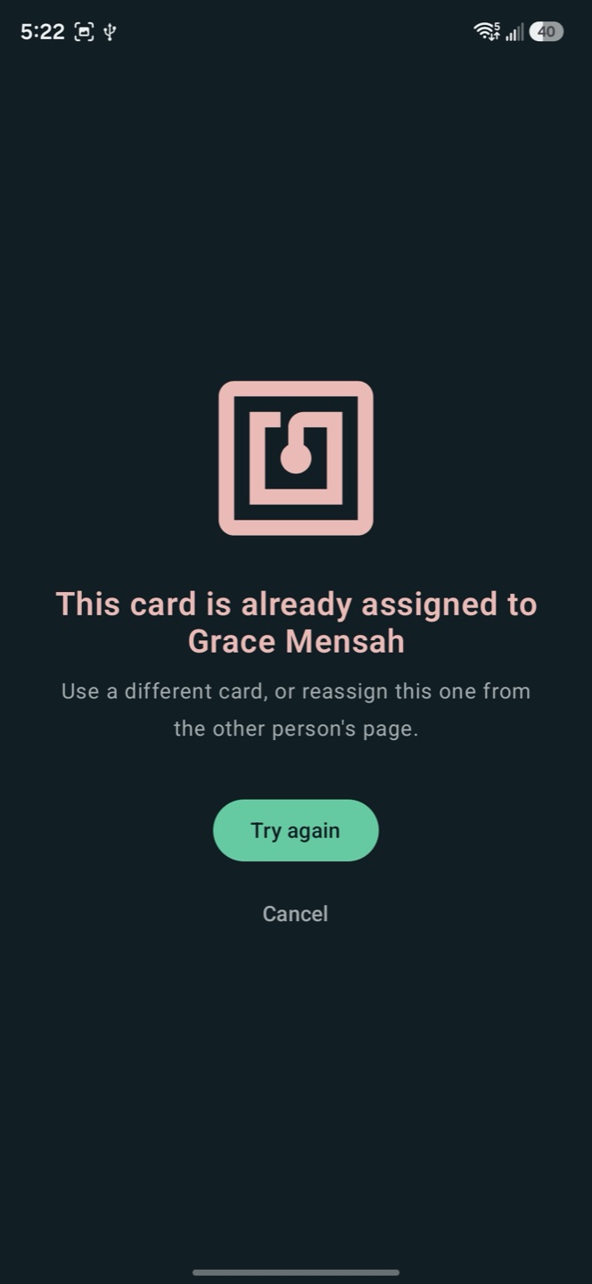 The kiosk refusing a card that already belongs to someone else, by name