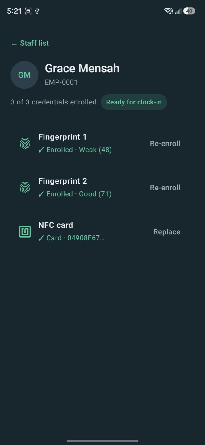 All three credentials enrolled and ready for clock-in, with a quality score per fingerprint
