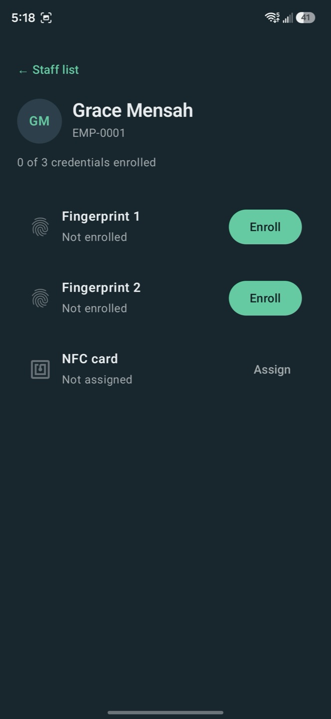 A staff member's credential page before enrollment: two fingerprints and a card to set up