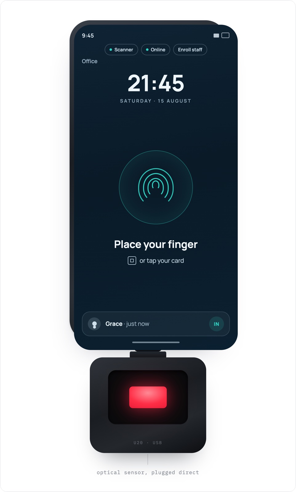 The kiosk rig: an Android phone on the armed screen with the fingerprint scanner plugged into its charging port