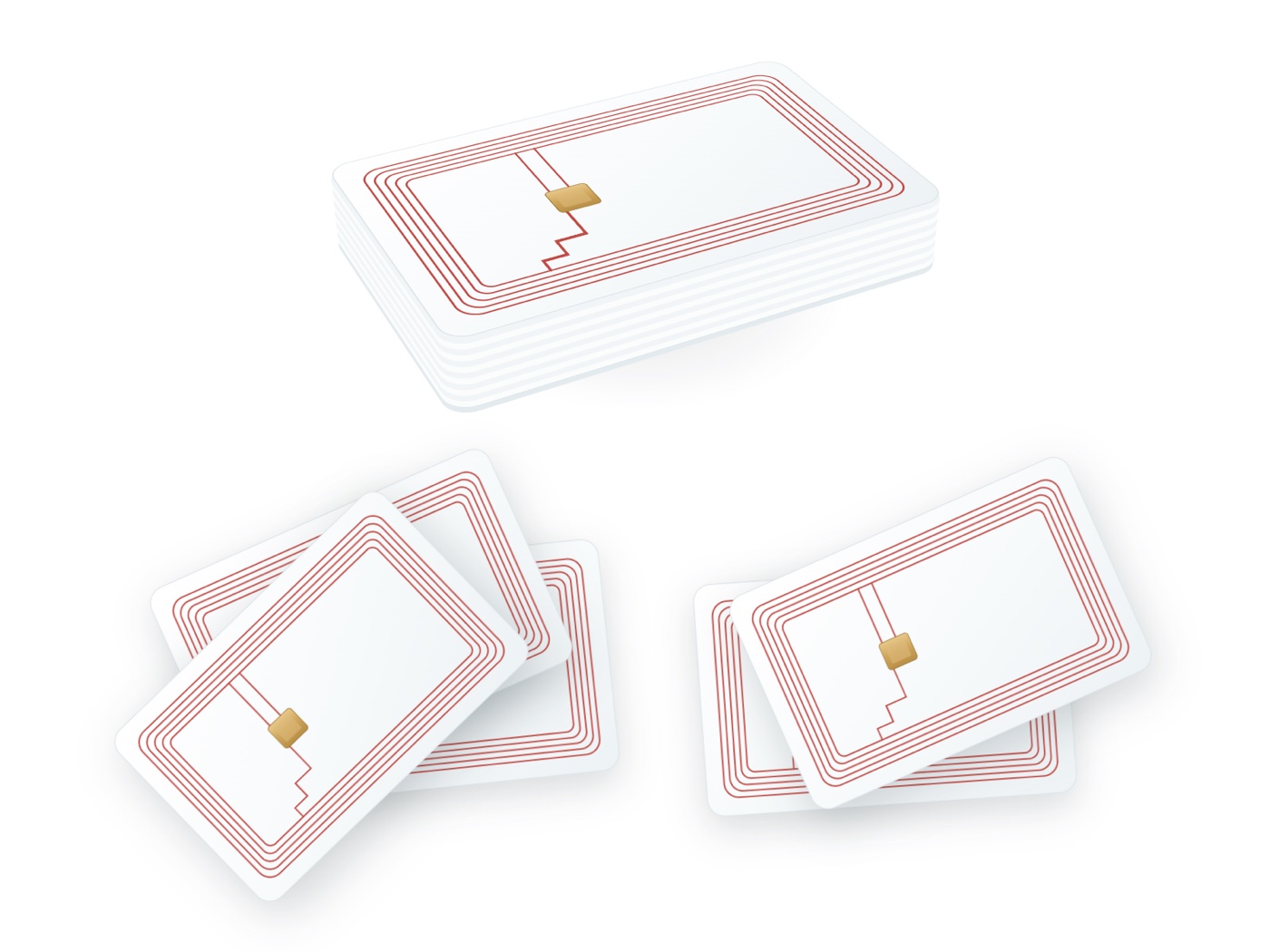 A stack of blank NFC tap cards with the antenna coil and chip visible inside