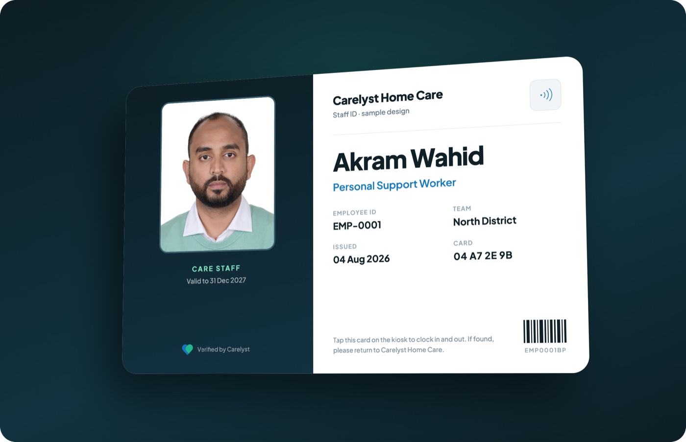 A sample staff card printed as caregiver photo ID with name, role, employee number, and the tap chip